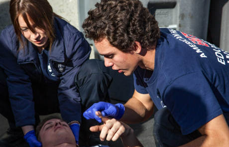 Group of students taking an EMT class at American Health Education in Livermore.
